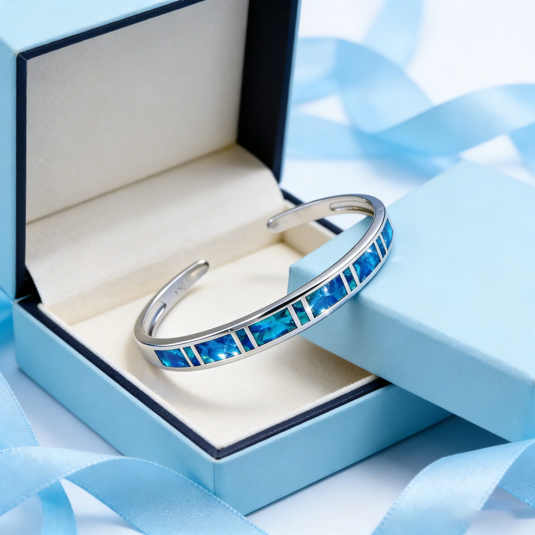 Elegant Women\'s Blue Inlay Bangle Bracelet – Fashion Jewelry for Everyday Wear Wedding Anniversary Party Gift for Women & Girls