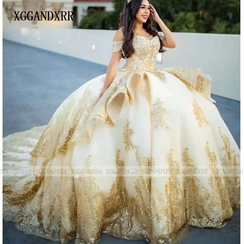 Customized Shiny Golden Quinceanera Dress Ball Gown Lace Applique Beaded Ruffles Sweet 16 Dress Vestidos De XV Anos Wedding Gown