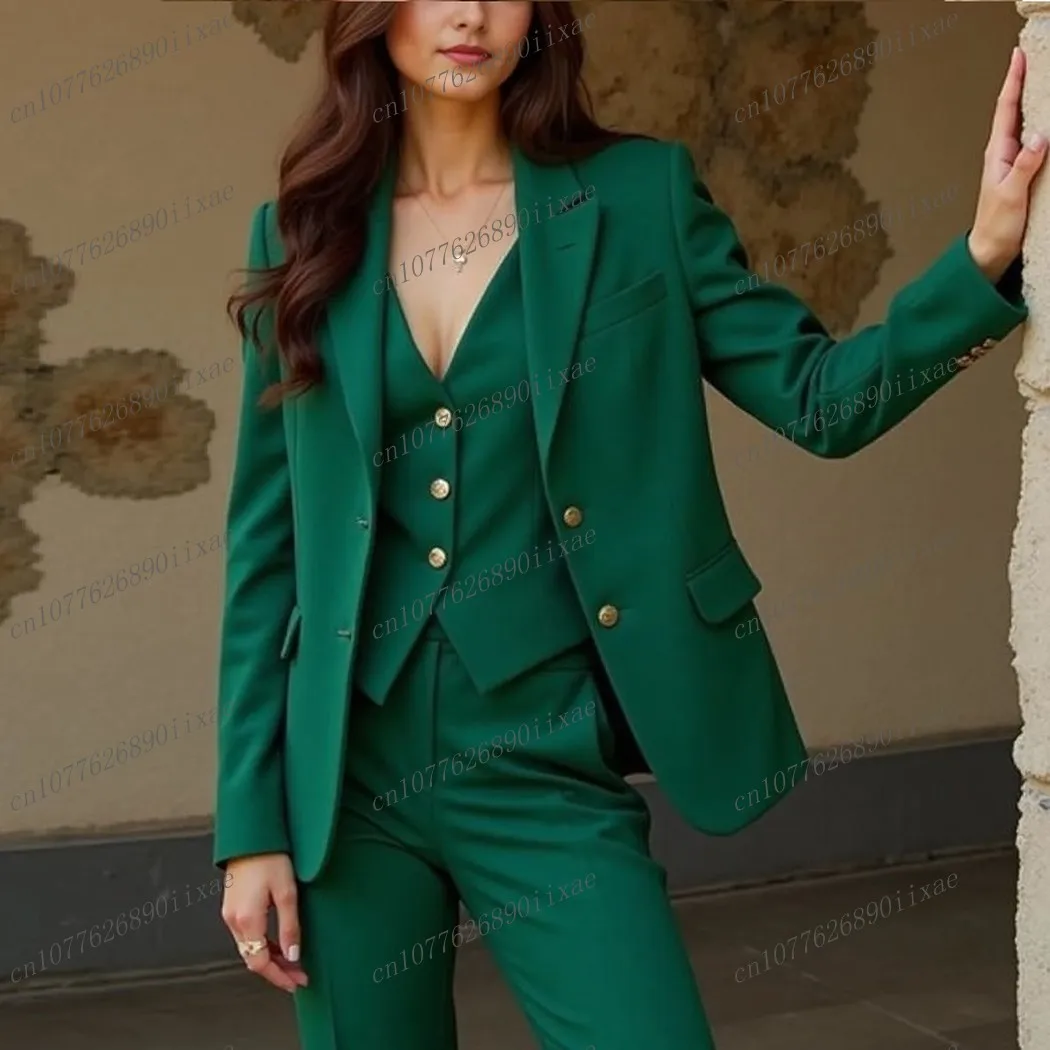 

New Green Women Suit Formal Occasion Wedding Party Business Office Lady Tuxedos 3 Piece Set Blazer Vest Pants Customized