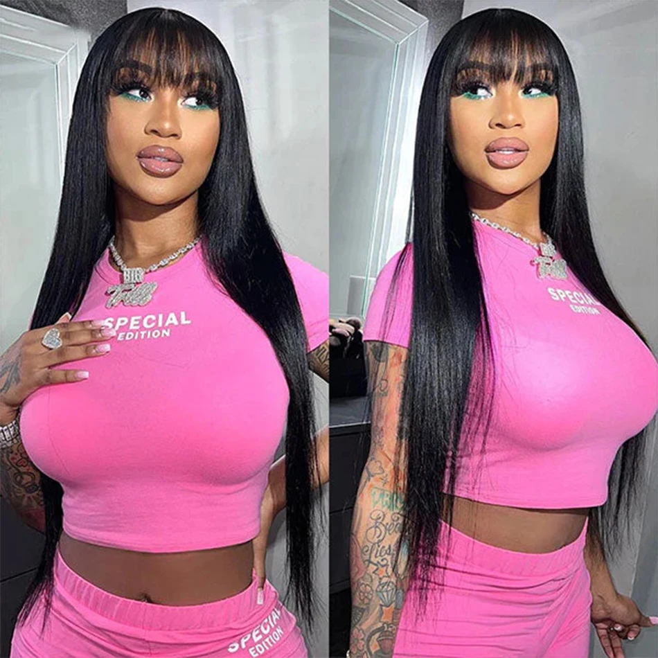 

Brazilian Human Hair Wig With Bangs Full Machine Made Straight Fringe Wigs for Women 30 Inch Long Remy Human Hair Wig On Sale