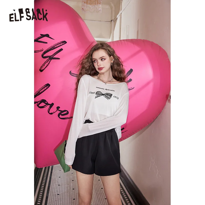 ELFSACK 2024 Summer New Imitation Tencel Cool Bow Pattern Lazy Open Back T-shirt for women