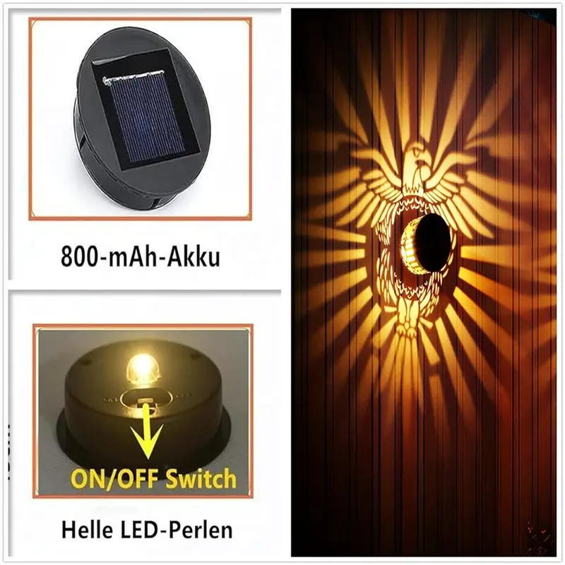 DT19 Solar Fence Lights, 2 Pack Waterproof Metal Wall Deck Step Lights for Garden, Post, Patio, Backyard Decor, for Eagle, Warm