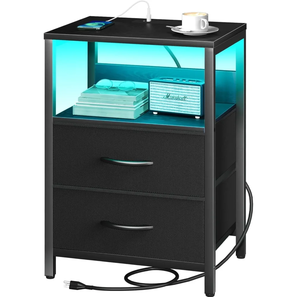 

Nightstand W Charging Station, LED Night Stand W Fabric Drawers and Storage Shelf for Bedroom, Tables W USB Ports & Outlets