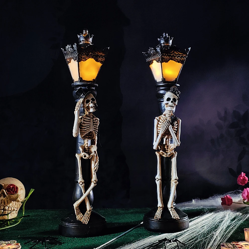 1 Pair Halloween Skeleton Decoration Simulation Skull Street Lamp Table Outdoor Garden Yard Luminous Ghost House Party Ornaments