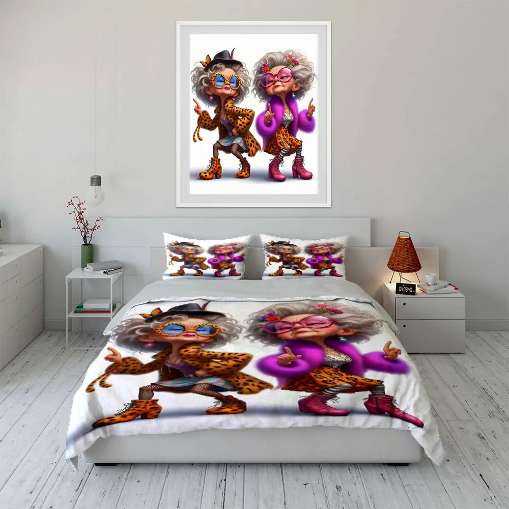 Older women dressed in retro fashion Pattern Duvet Cover Set Digital Print Colorful Polyester Bedding with Zipper Closur gifts