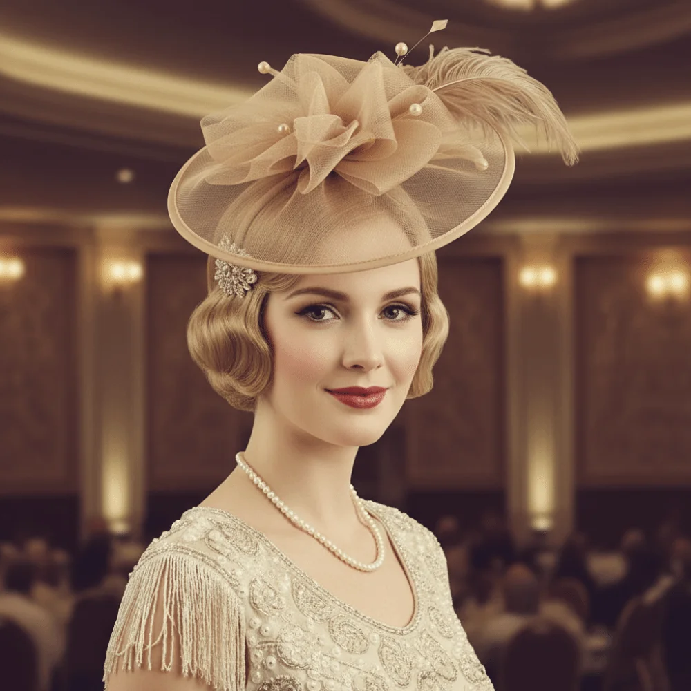 

Изысканная сетчатая повязка на голову с перьями для вечеринки, элегантная винтажная шляпа-волшебница с жемчугом, обруч для волос, повязка для волос, головной убор невесты, танцевальное шоу