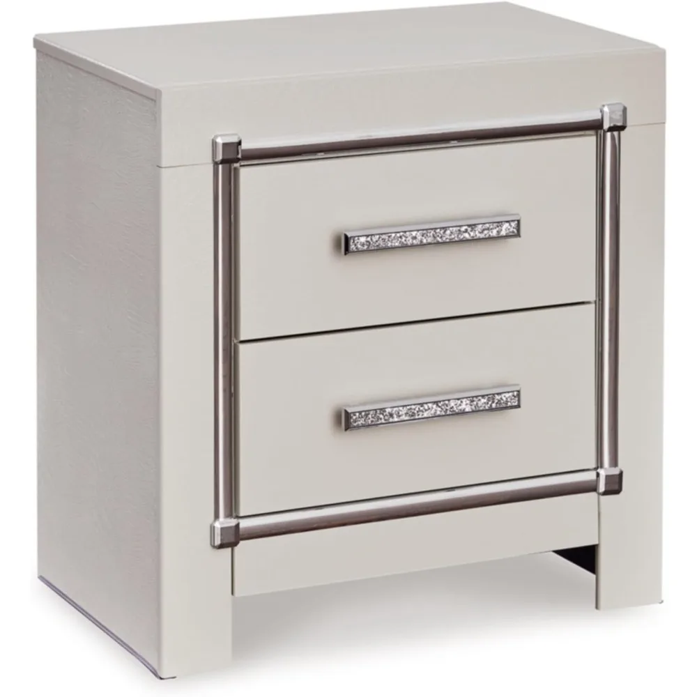 Design exclusivo da Ashley Zyniden Glam Mesa de cabeceira com 2 gavetas com carregamento sem fio e portas USB, 24,45 de altura, bege e cromado