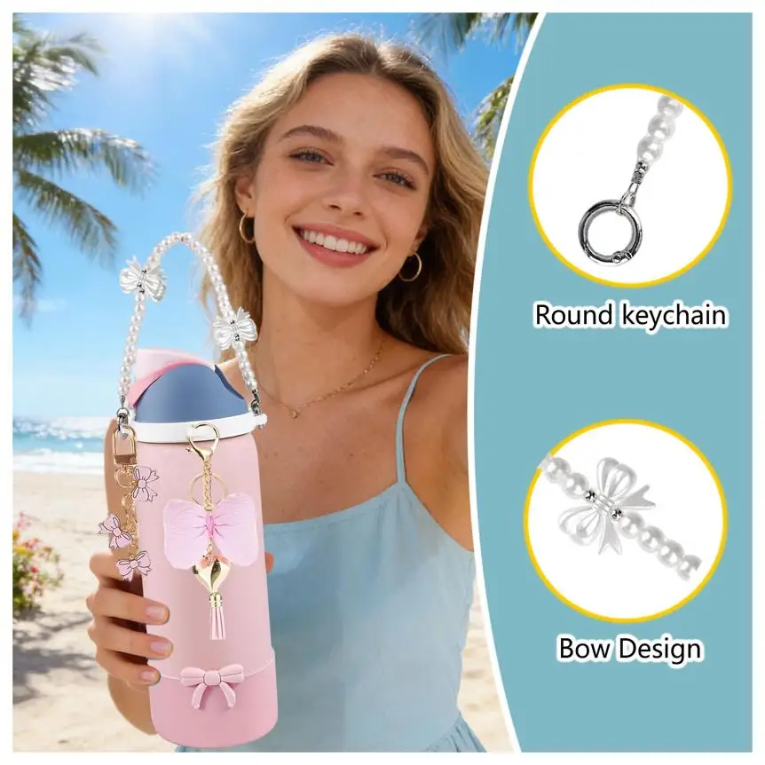 Water Bottle Accessories Set for Owala FreeSip 24oz 32oz 40oz – Pearl Handle Strap, Bow Charms, Heart Tassel Bow Keychain, Silic