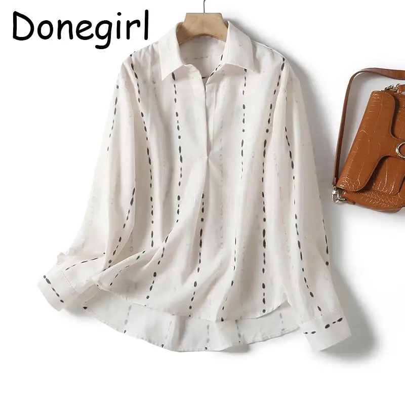 

Donegirl 2023 New Spring Summer Women Long Sleeve Lapel Dot Printed Vintage Loose Shirt Pullover Simple Casual Blouses Female