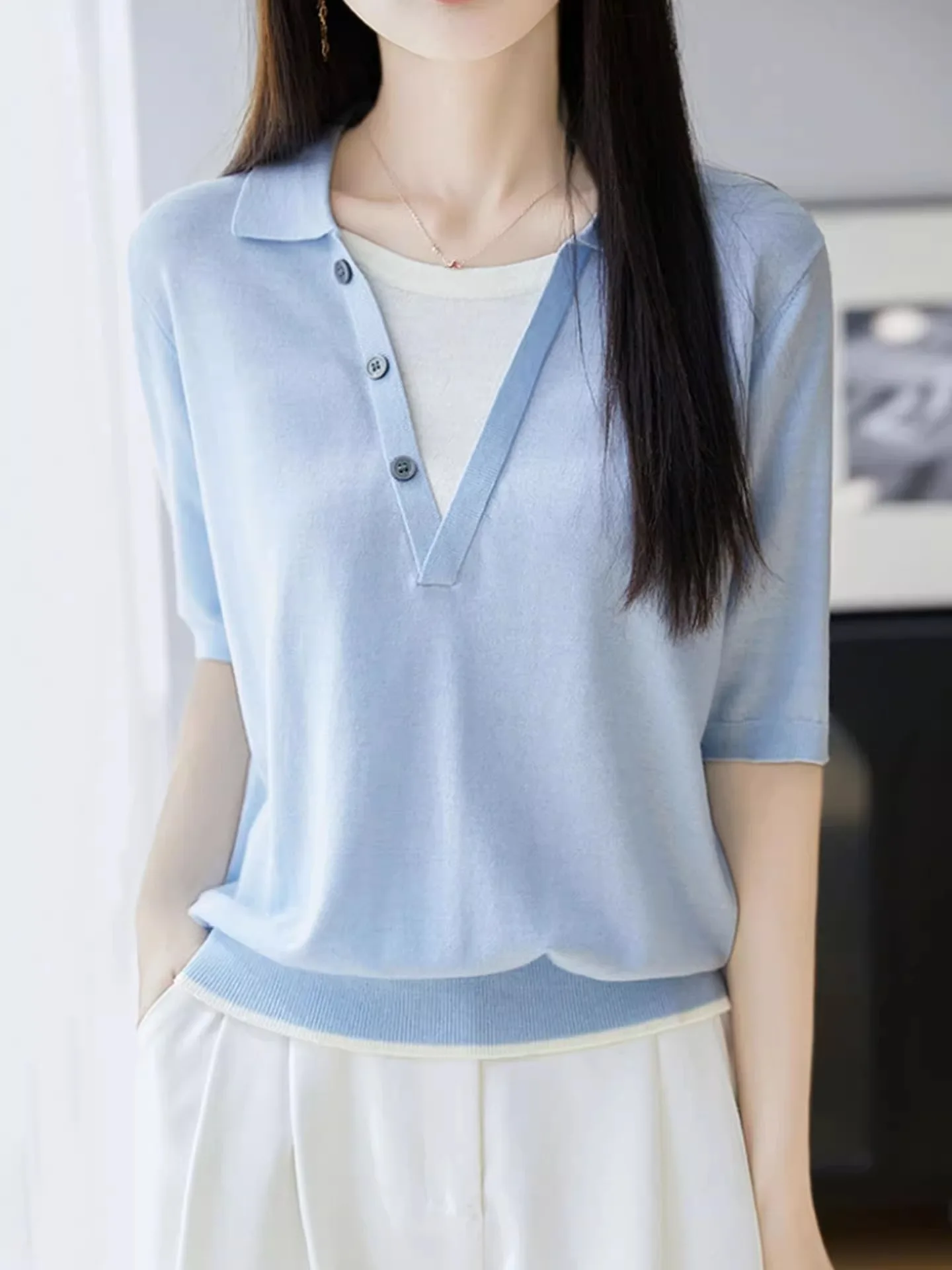 

Ele Skin-friendly Summer ort Sve Knitted Top Women's Commute High-end Design Sense Fake Two-pieced Comfortable Faion
