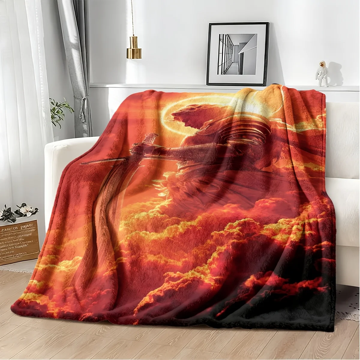 Epic Fantasy Warrior Art Blanket Throw Decorative Nap Blanket for Gaming Anime Movies Mythological Decor Gift