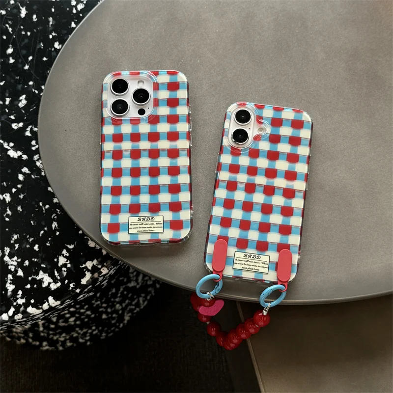 

Fashion Plaid Pattern Phone Case For iPhone 16 Pro 15 14 13 Pro Max Back Cover with Bead Chain Shockproof Cute Protective Cases