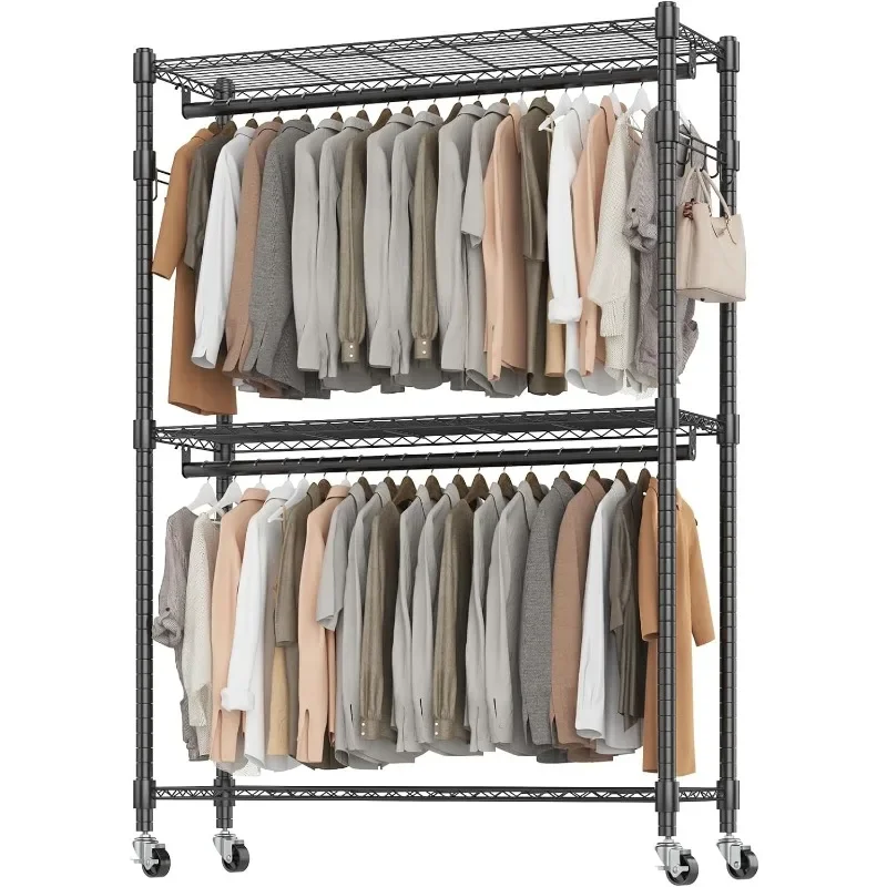 

Heavy Duty Garment Rack on Wheels, Rolling Clothes Racks for hanging clothes, Simple Sturdy Wardrobe Rack