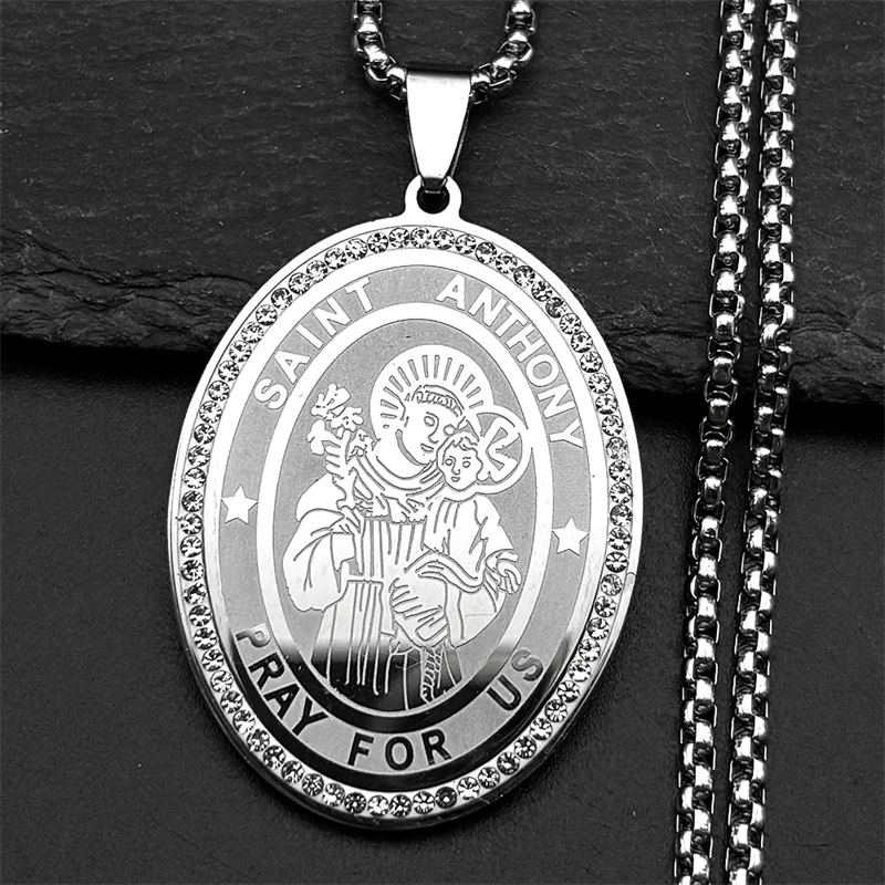 يسوع سانت سانت أنتوني الصلاة لنا قلادة قلادة للنساء الرجال الفولاذ المقاوم للصدأ الذهب اللون الدين بلورات الهيب هوب سلسلة مجوهرات #3