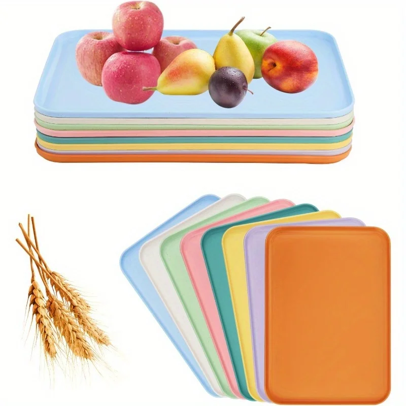 8-Piece Large Wheat Straw Tray Set, 12" X 8.7" Unbreakable Lightweight Serving Dishes for Fast Food, Crafts, Jewelry, or Organizer - Plastic Art Activity Trays