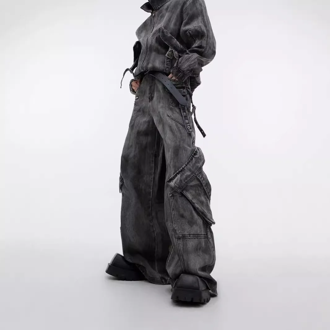 

Уличная одежда, мужские рабочие брюки, потертые джинсовые спортивные штаны, мужские широкие брюки, брюки больших размеров, модная куртка