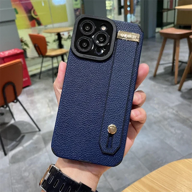 Luxuly Noble Black Leather Bracket Case For iPhone 14 13 12 Pro Max XR 8 7 Plus 11 X SE Anti-lost Wrist strap Lanyard Rope Cover image 4