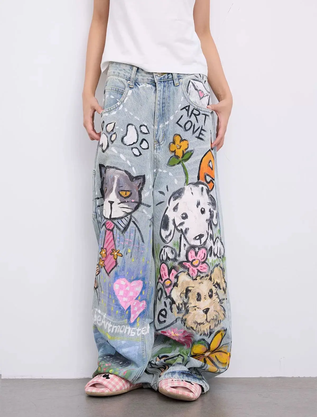 

Retro Cat Dog Graffiti Print Womens Jeans High Waist Loose Straight Wide Leg Fashion Denim Pants Womens Trousers