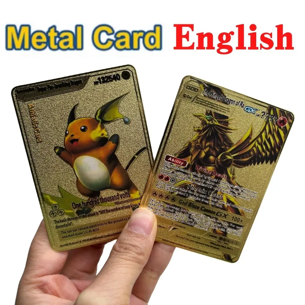 

Cartes Pokemon en métal avec lettres dorées et brillantes, Charizard, Vmax, Pikachu, Mewtwo, Gx
