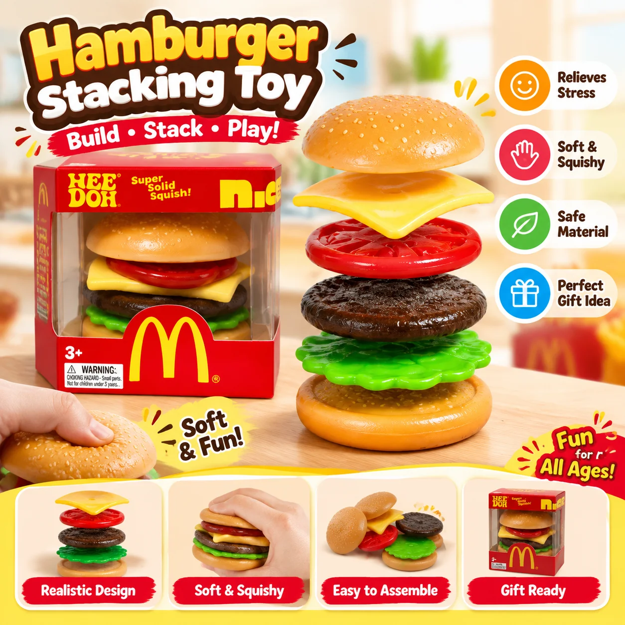 Needoh New Simulation Hamburger Stacking Squishy Detachable Burger Squeeze Fidget Soft Stress Relief Sensory for Party Gift