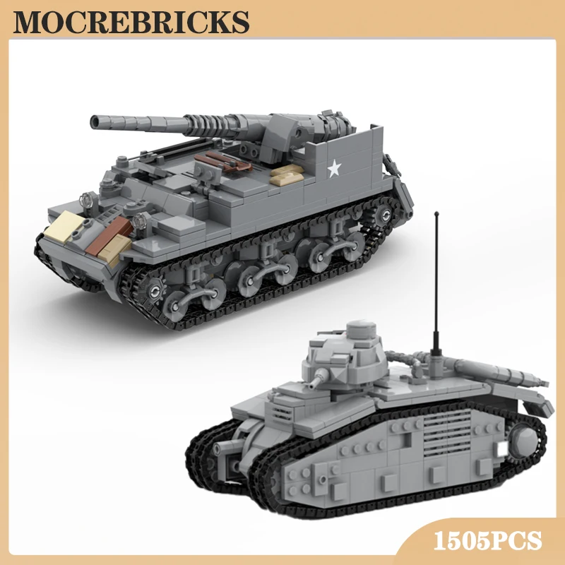 MOC Military Weapon Char B1 Tracked Heavy Tank Vehicle Building Blocks WWII M12 Gun Motor Carriage Model Bricks Toys for Kid