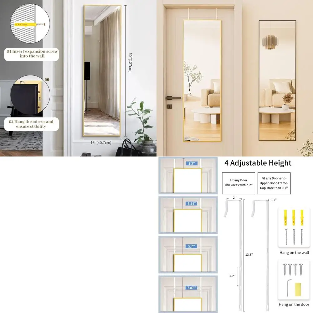 

16 x 50 Adjustable Height Door Mirror with Tempered Glass for Home and Dorm, Gold