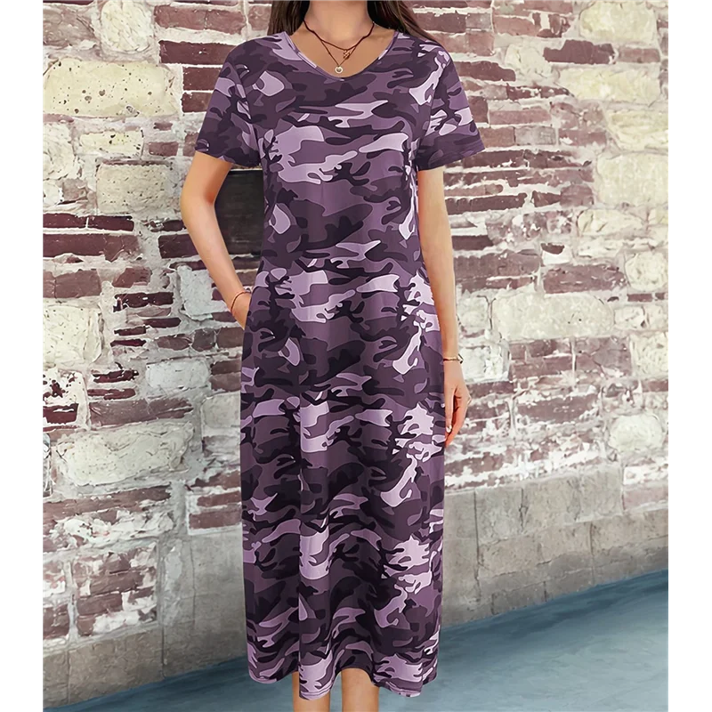 FX-Women's Casual Summer T Shirt Dress Loose Short Sleeve Camo Tunic Dress With Pocket For Women