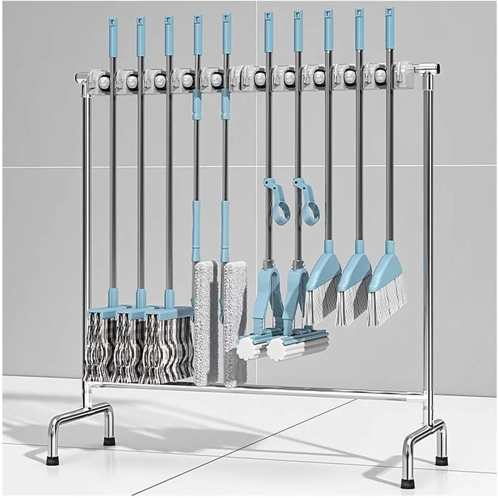 Organisateur de balais et de vadrouilles au sol, support de rangement pour outils de nettoyage robustes pour garage et maison