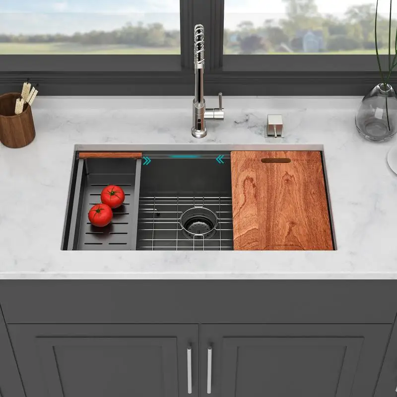 

33" Undermount Kitchen Sink - 33x19 inch Gunmetal Black Single Bowl 16 Gauge Stainless Steel Workstation Sink