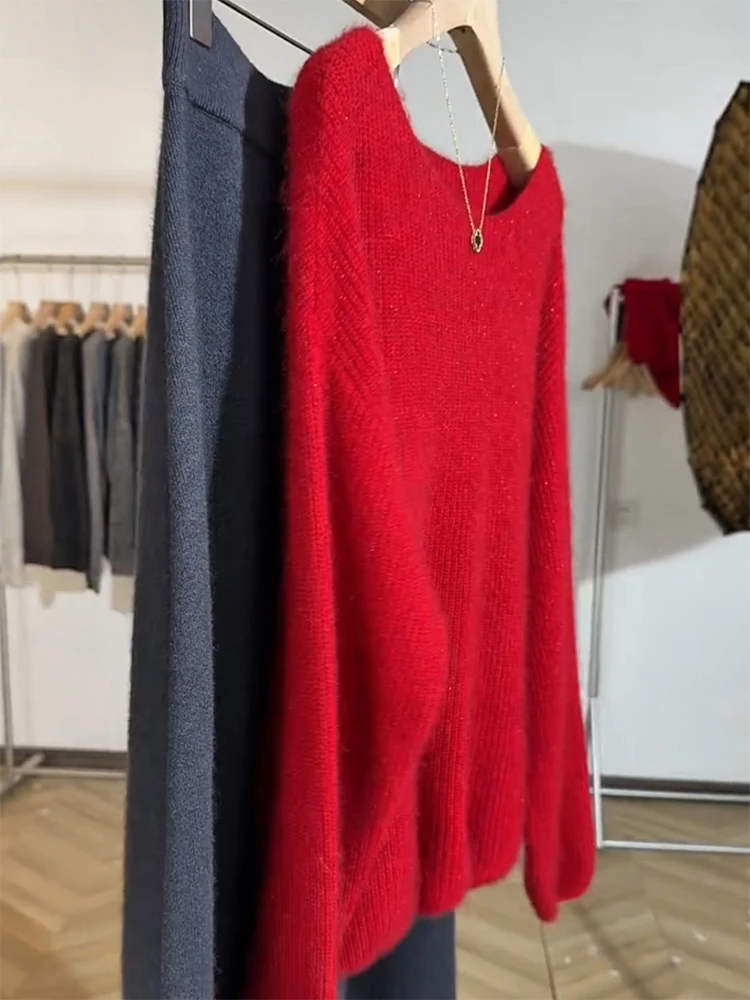 

Корейский мягкий свитер оверсайз с круглым вырезом, модный универсальный топ для женщин, новинка зимы