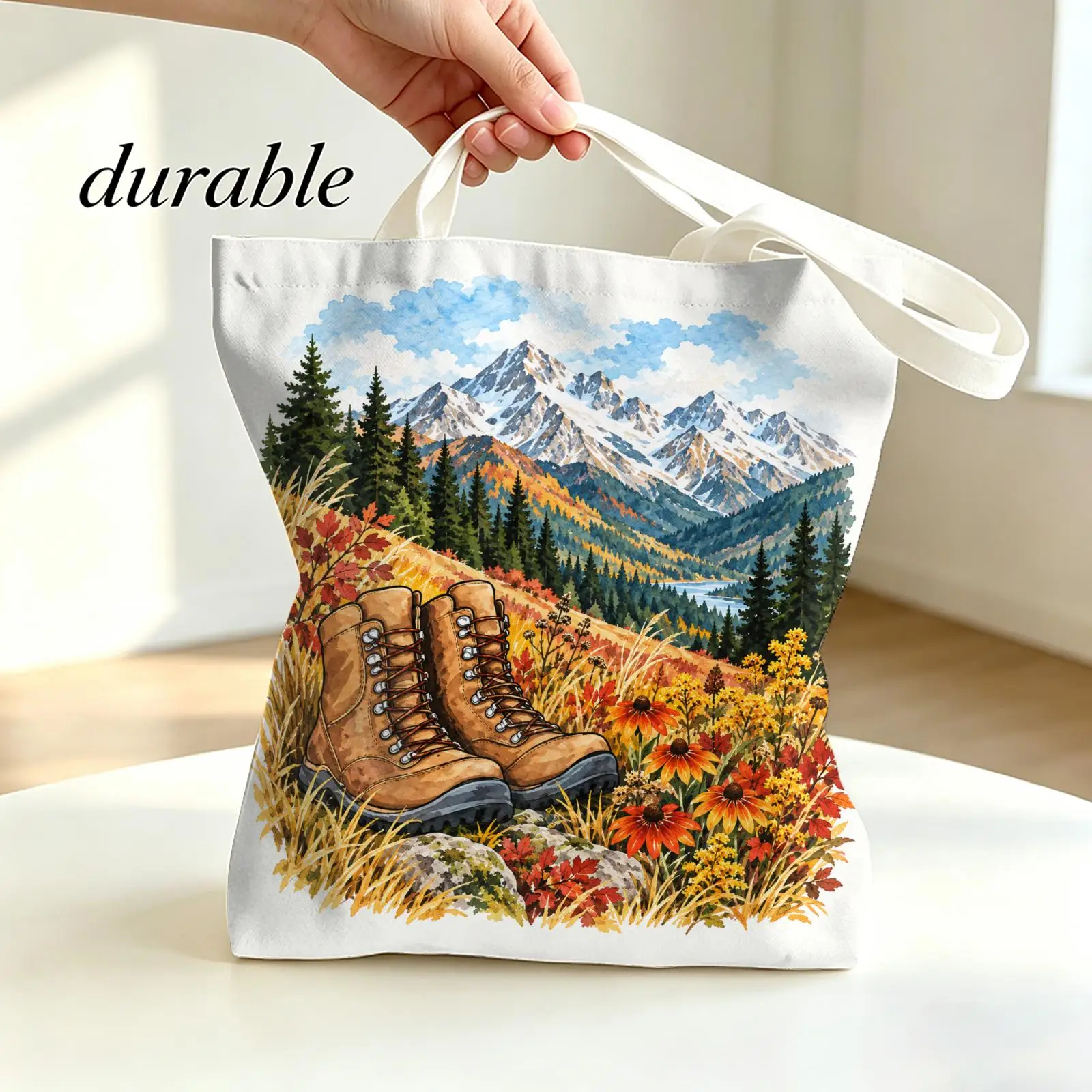 Mountain Trails and Hiking Boots Storage Bags Canvas Tote Bag Large Capacity Shoulder Bag Eco-Friendly Reusable Casual Handbag