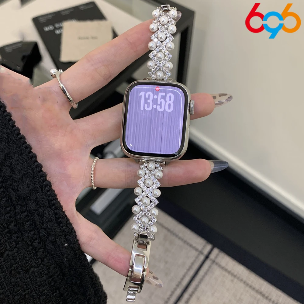 

Luxury Pearl Diamond Band For IWatch Ultra 10 9 8 7 6 5 4 Woman Pearl Bracelet Strap For 38 40mm 41mm 42mm 45mm 46mm 49mm Watch