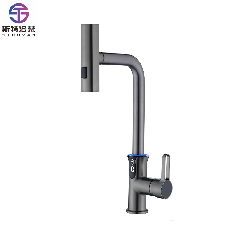 

Modern Home-Style Bronze Grey Kitchen Faucet Pull-Out Hot Cold Water Rotating Waterfall-Style Modern Design for Basin Sink