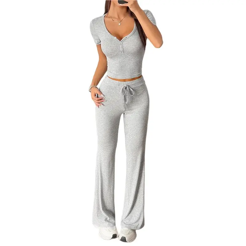 

CYL-2 Piece Matching Summer Sweatsuit Lounge Set Womens Wide Leg Pants Side Ruching Crop Top Sets