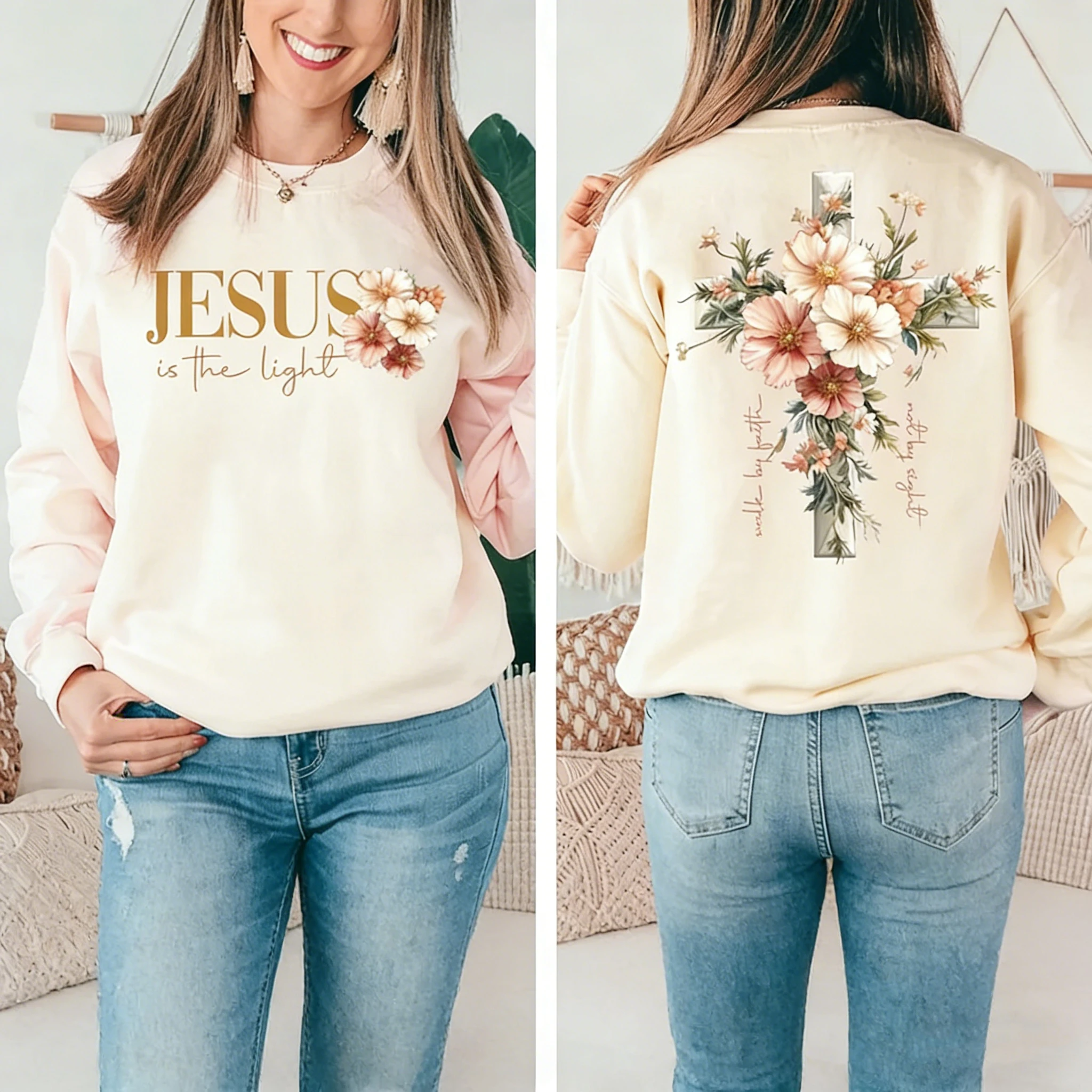 เสื้อสเวตเชิ้ตฤดูหนาวลายดอกไม้ ข้อความจากพระคัมภีร์ ของขวัญสำหรับชาวคริสต์  พระเยซูคือแสงสว่าง เดินตามศรัทธา ไม่ด้วยตาเห็น  เสื้อสเวตเชิ้ตสวยงาม