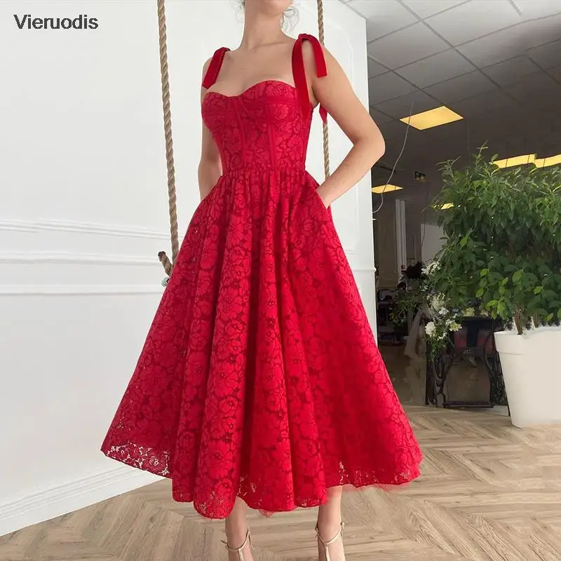 

Dark Red Floral Lace Prom Gowns A-Line Sweetheart Straps Draped Pockets Saudi Arabia Evening Dress Party Dress Custom Made