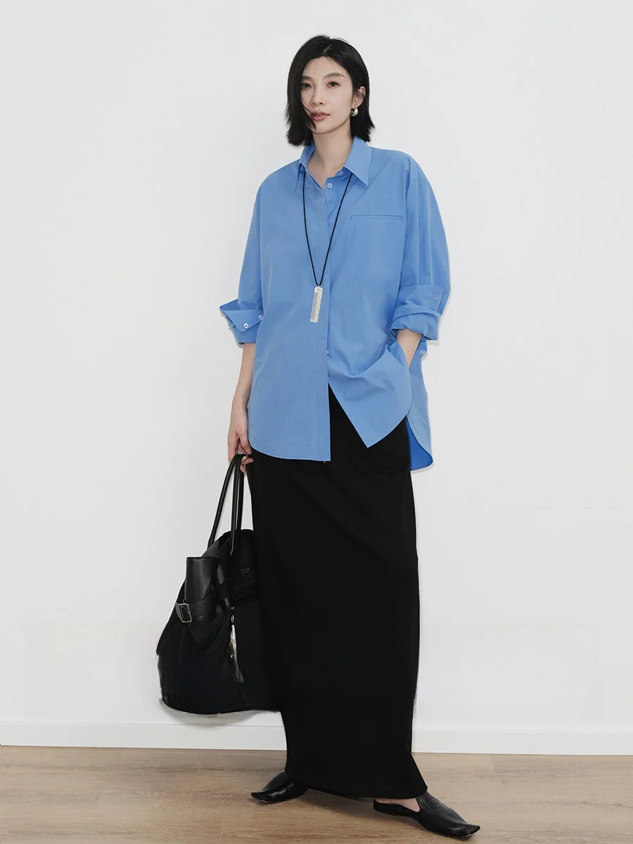 

Amyy Studios Spring Blue Casual Long Sleeve Shirt Women's Loose Fit Pure Cotton Commute Style Button up Breathable Top