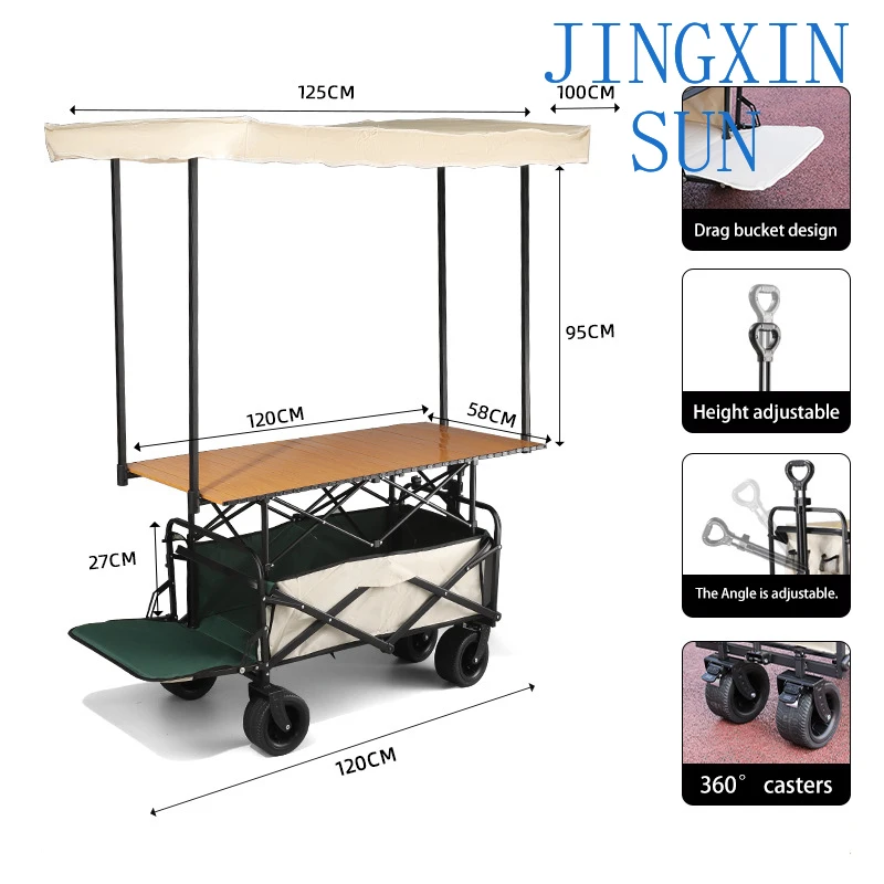 Carro Hawker portátil para puesto de comida, vehículo utilitario plegable con mesa plegable, tienda móvil con toldo, carrito plegable para acampar