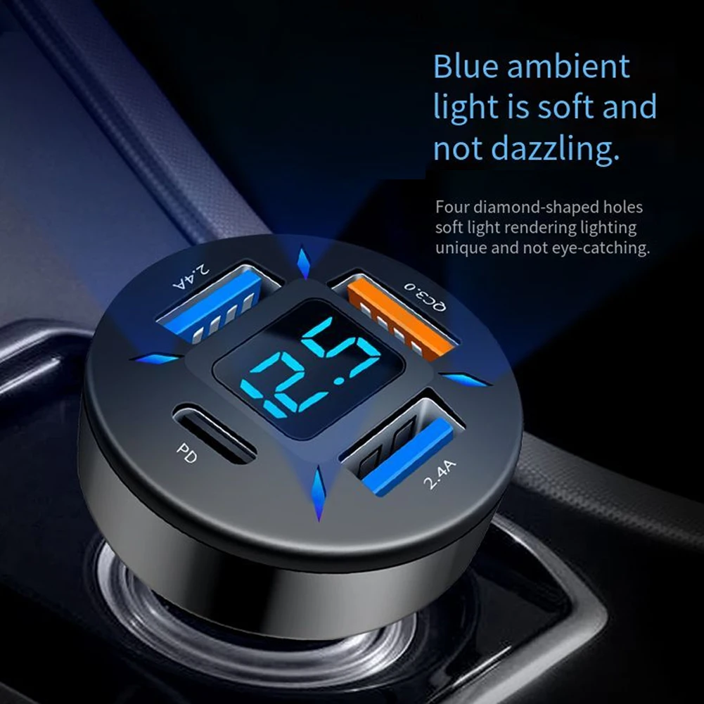 4 USB For QC3.0+PD USB Car Charger Digital LED Voltmeter 12V/24V Fast Charging -Cigarette -Lighter Adapter Socket