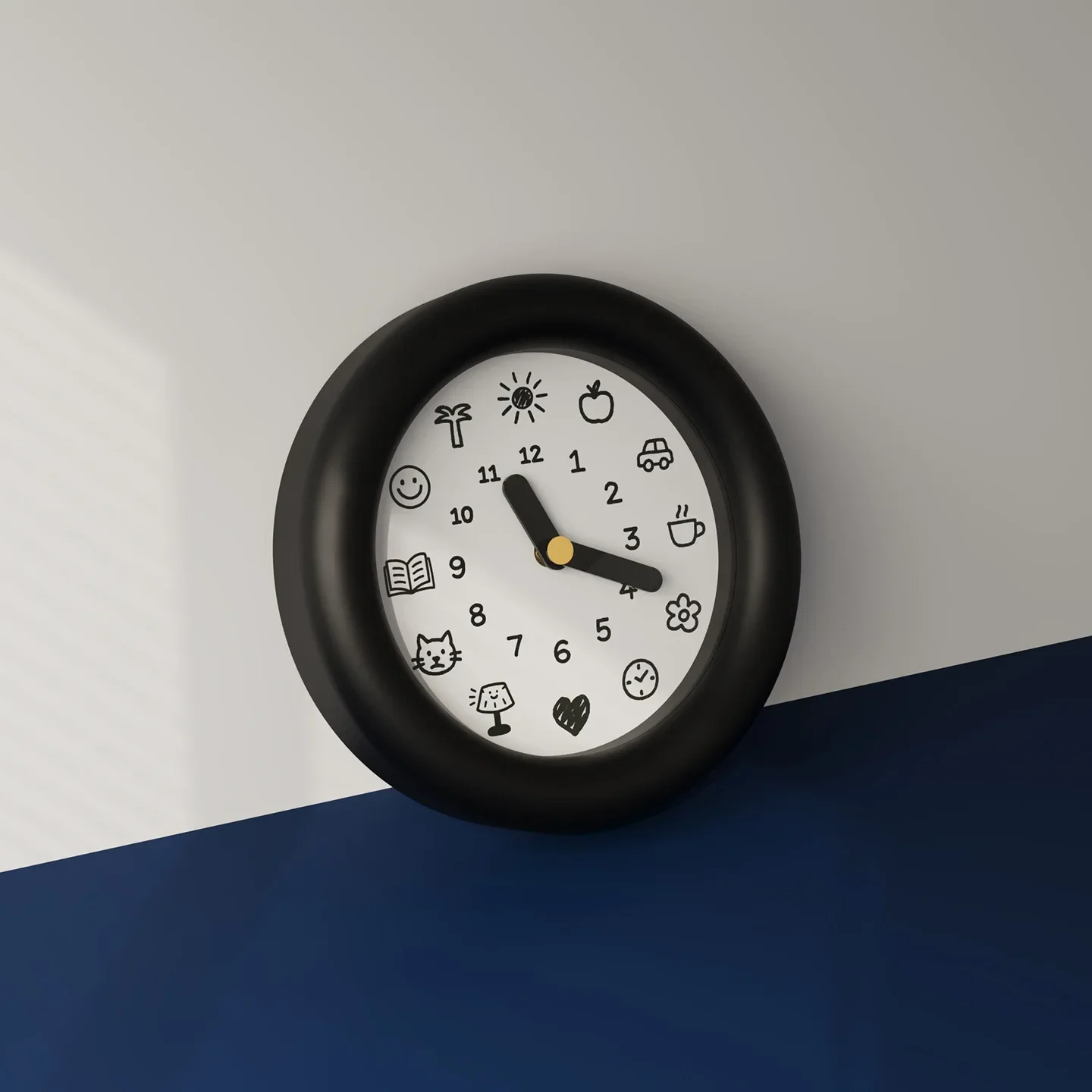 Minimalist Black Round Wall Clock Room Decoration with Cute Hand-Drawn Doodle Mute Clock for Bedroom Living Room Home Decor Gift