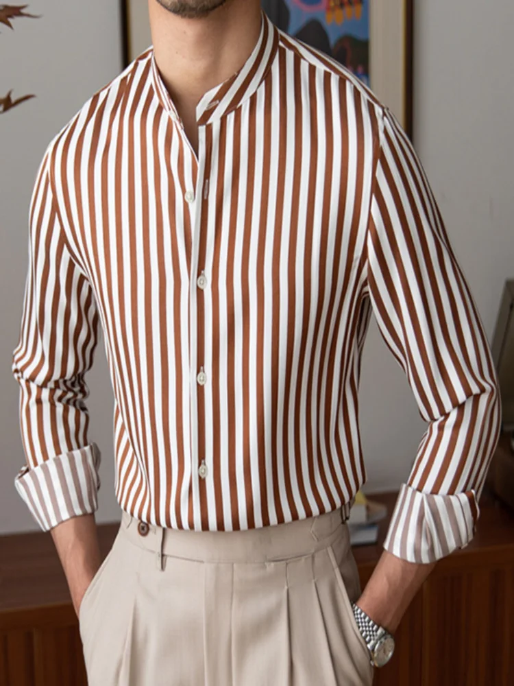 

Button Up Shirt For Men Stand Collar Dress Long Sleeve Gentleman Contrasting Stripes Business Social Luxury Formal