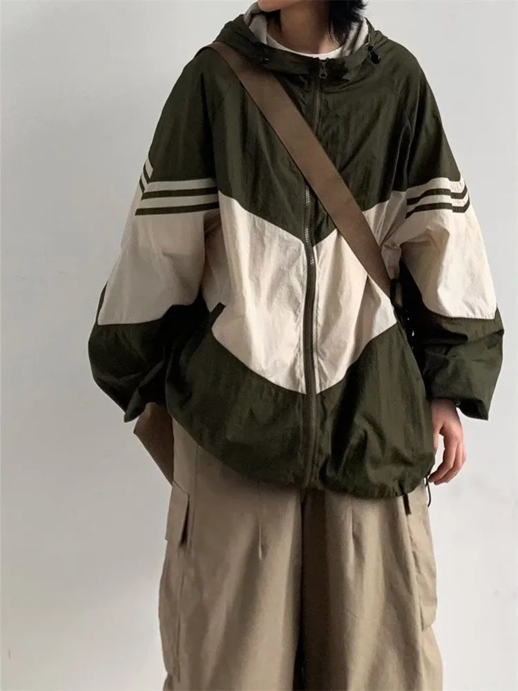 

Vintage Hooded Jacket Women Japanese Style Quick Dry Green Outerwear Oversized Harajuku Retro Patchwork Brown Top