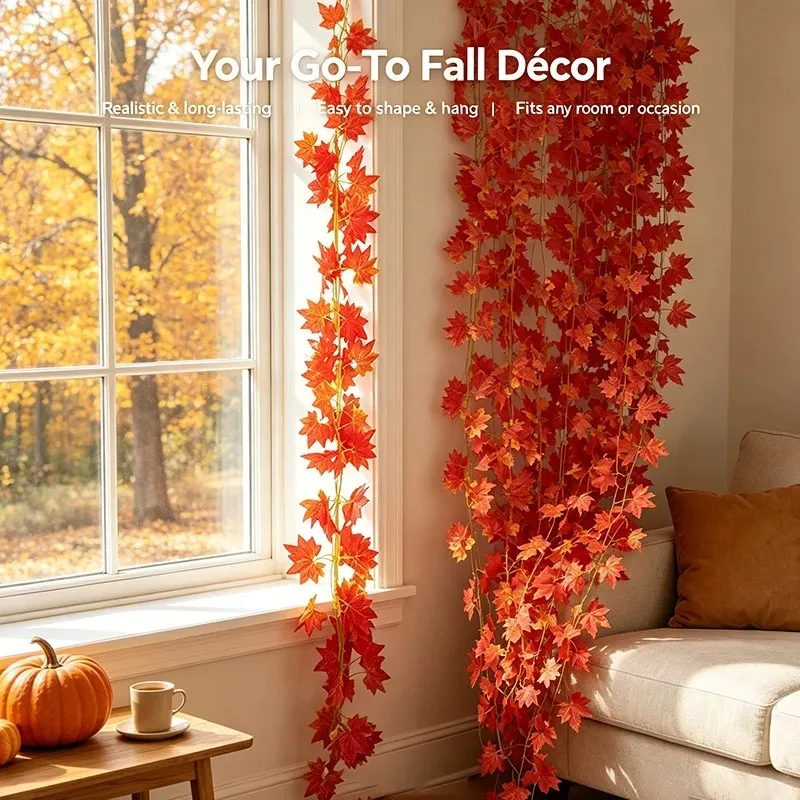 Artificial Fall Maple Leaf Garland Fake Hanging Vine Autumn Leaves for Thanksgiving Halloween Christmas Wedding Party Home Decor - view 2