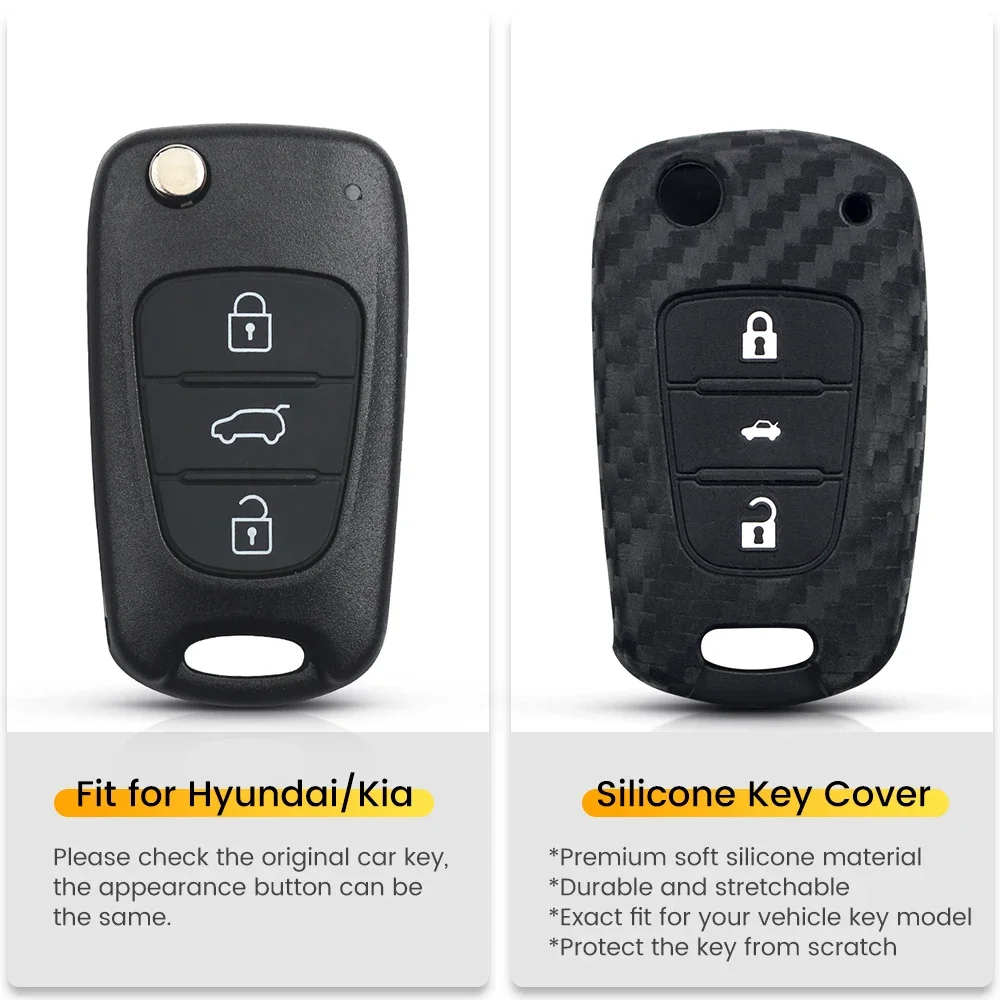 KEYYOU For Hyundai I30 IX35 For Kia K2 K5 Carbon Fiber Silicone Car Key Case Flip Fob Car Keys Blank Protector Cover 3 Buttons