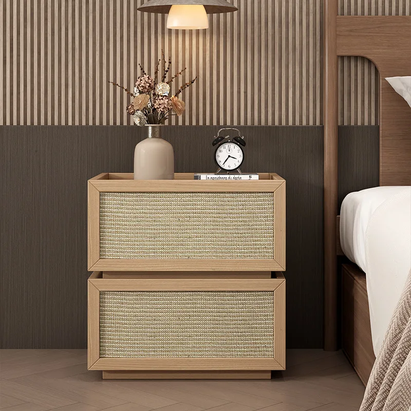 Solid wood rattan cloth free installation bedside table simple modern bedroom small bedside table Nordic light luxury design