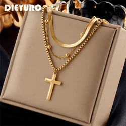 DIEYURO 316L Stainless Steel Gold Color Cross Pendant Necklace For Women New Trend Girls 3in1 Chain Rustproof Jewelry Party Gift