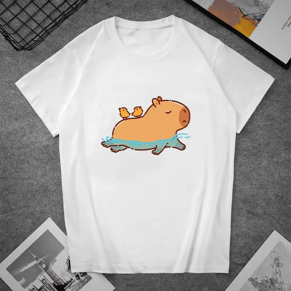 Leisure Animal Capybara Printed T-shirt Round Neck Ins Capybara Short Sleeved Top Oversized Letter Men's Printed Shirts Daily