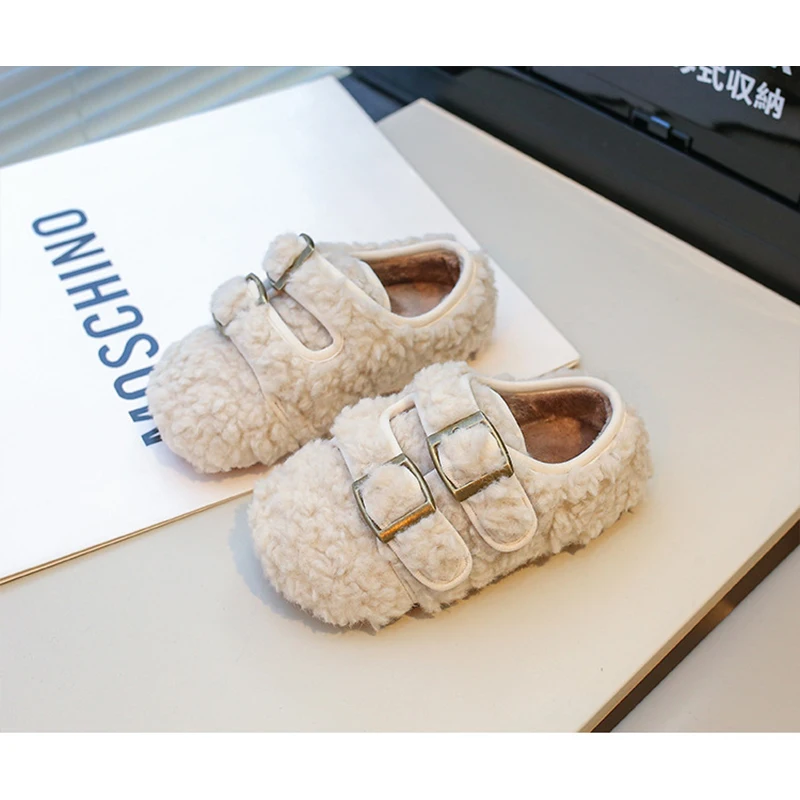 Luxury Winter Kids Plush Princess Shoes Girls House Shoe Korean Child Casual Fluffy Slippers Square Head Non-slip Baby Slipper