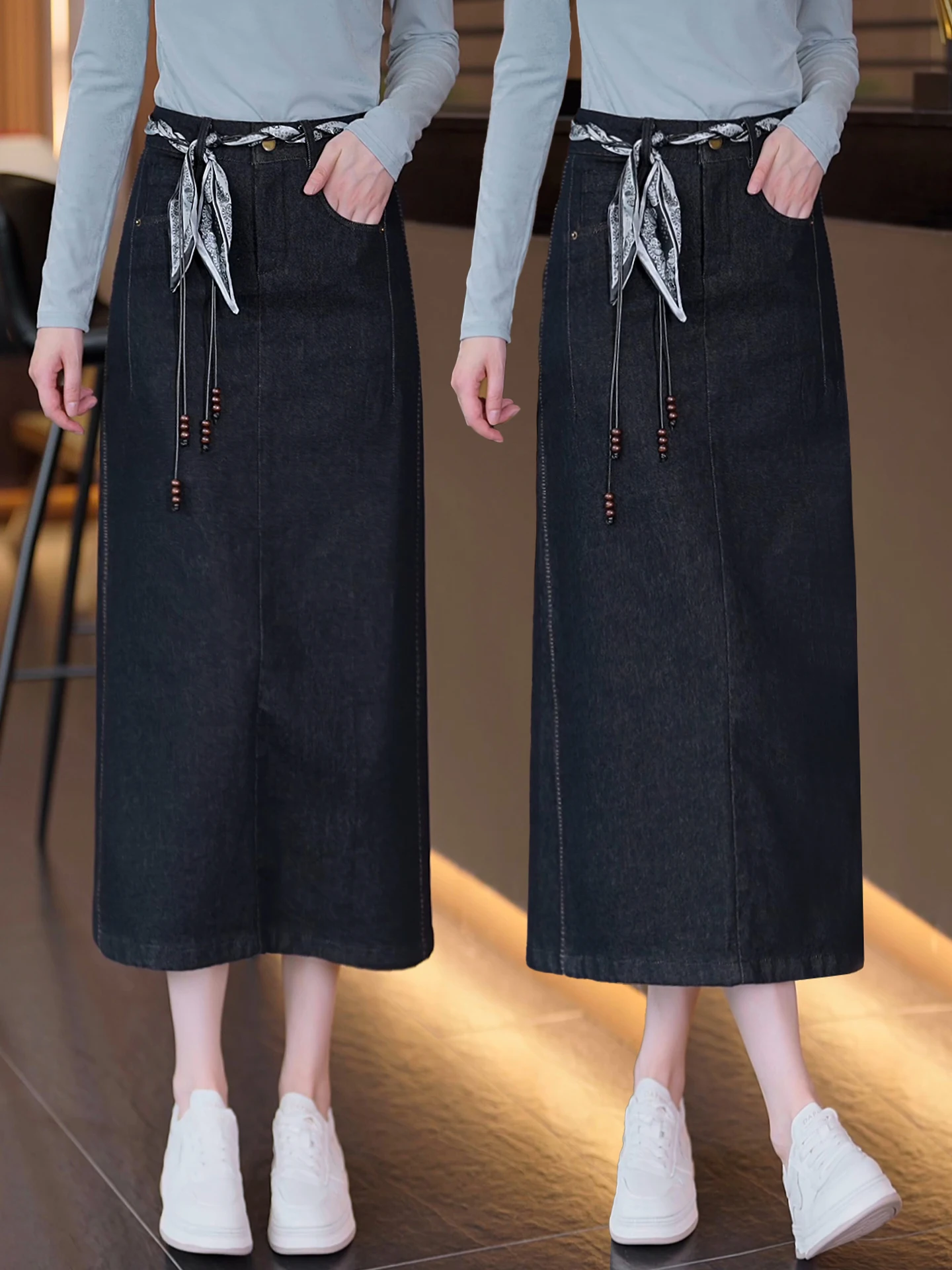 

High Waist A-Line Midi Straight Cut Denim Blue Skirt Women's Spring Autumn New Style Slimming Half-length Skirt