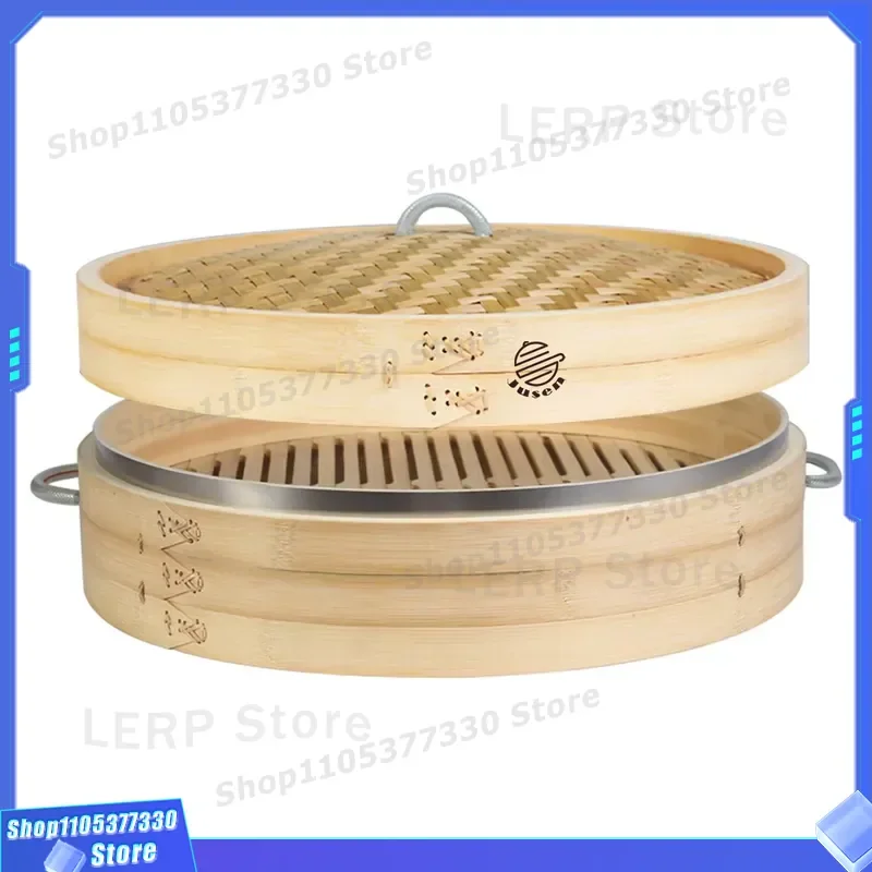 Large Handmade Bamboo Steamer with 304 Stainless Steel Ring for Dumplings Dim Sum Buns and Rice Commercial Kitchen Use